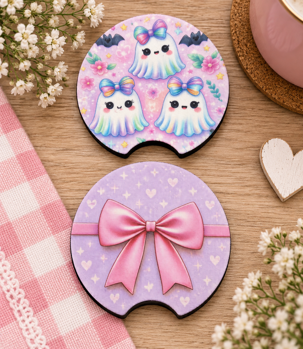 Cute Bat and Ghost Car Coaster Set