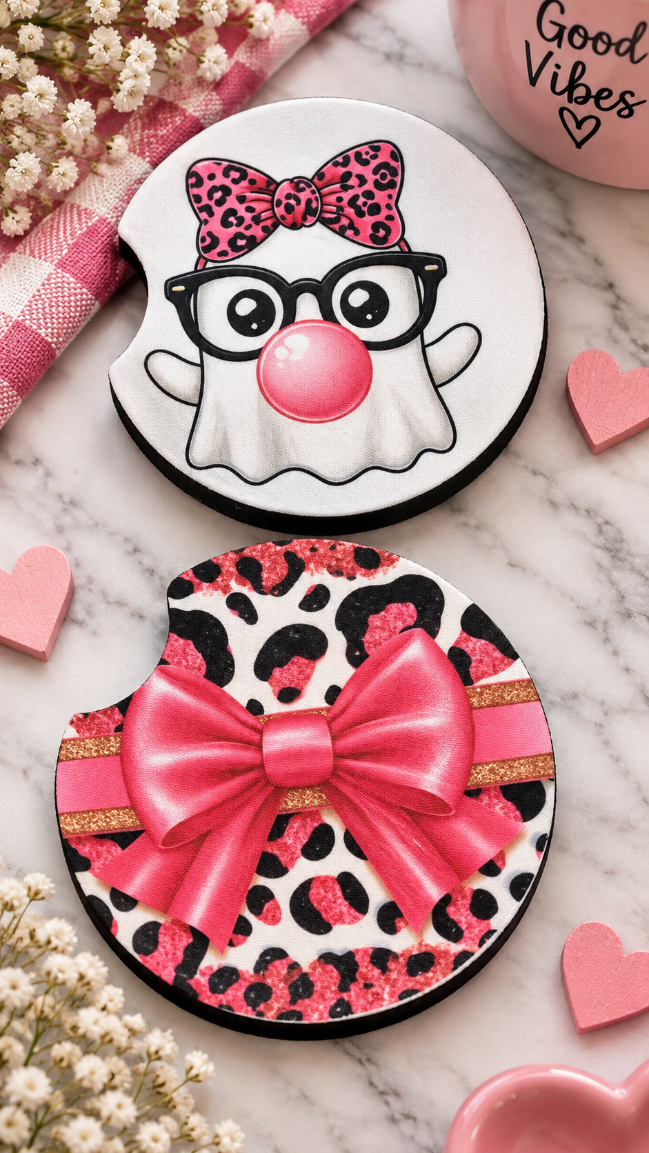 Cute Pink Leopard Print Ghost Car Coaster Set